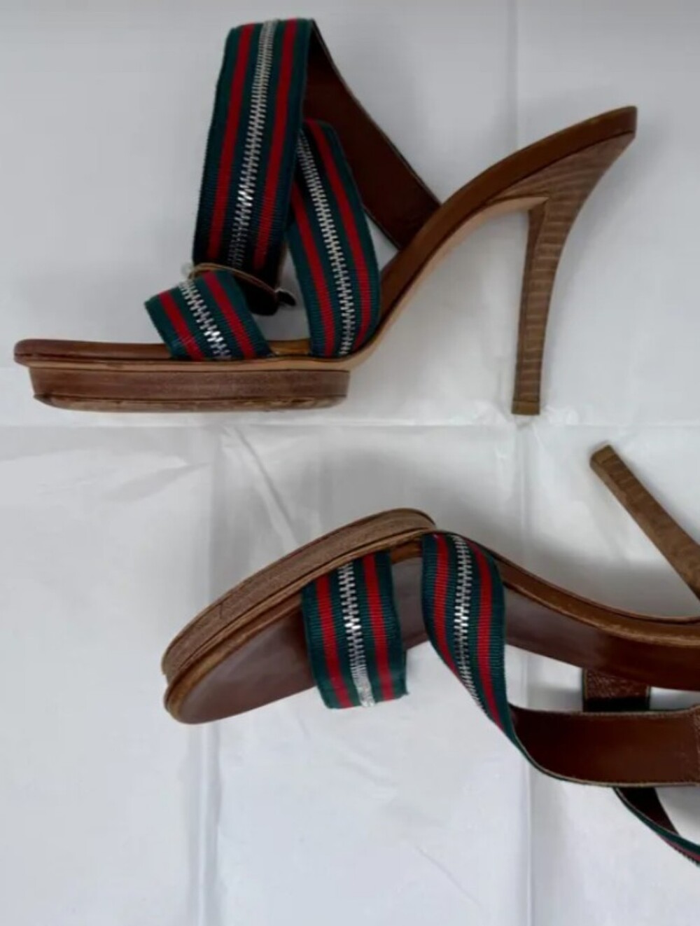 GUCCI RARE! Web Stripe Stilleto Heels Brown Leather Zipper Strap Detail - Women - Picture 9 of 12